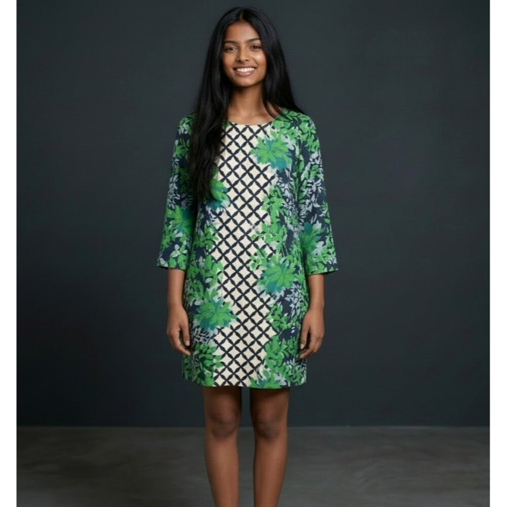 Boden Eliza Dress US 2 Green Blue Lattice Floral Silk Blend Shift Lined Keyhole